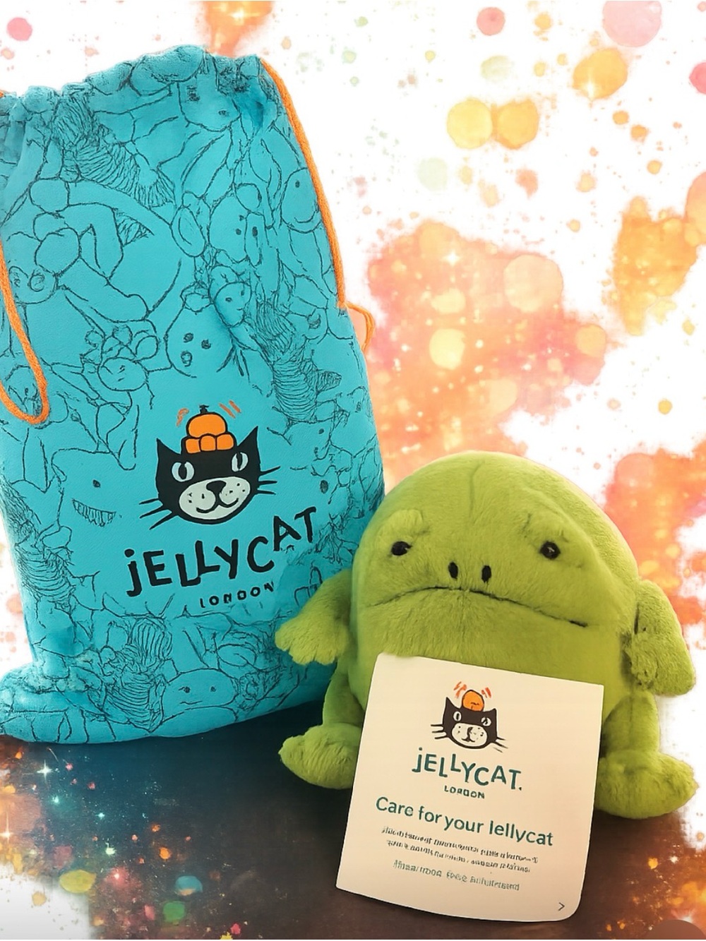 Jellycat Lime Green Frog Plush with Teal Drawstring Bag
